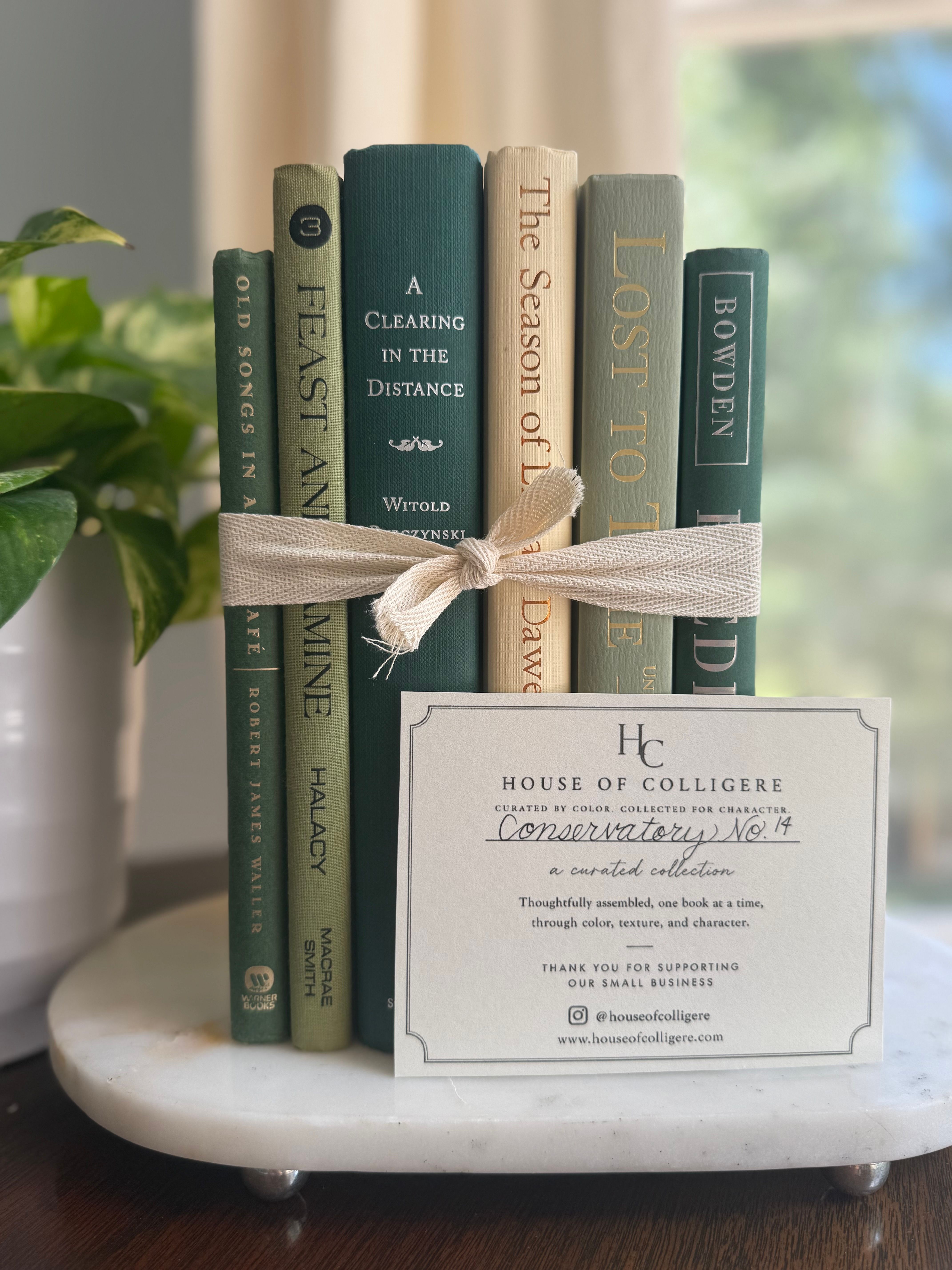 Curated collection of soft sage, olive, cream, and muted green books with botanical tones.