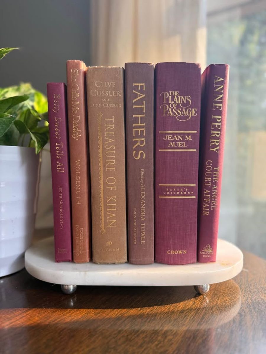 Curated collection of dusty rose, plum, warm brown, taupe, and muted berry-toned books with soft vintage character.