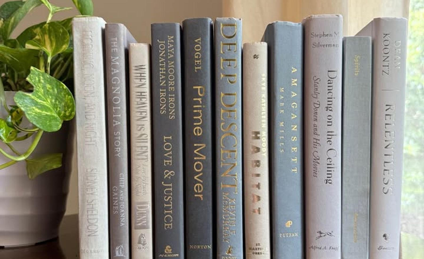 Curated collection of muted blue-gray, slate, charcoal, and softly weathered neutral books.