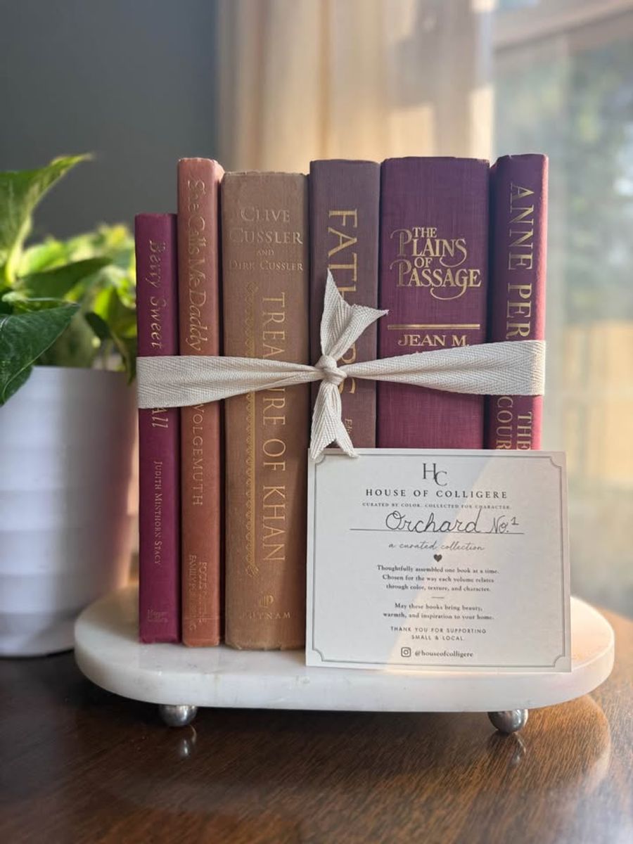 Curated collection of dusty rose, plum, warm brown, taupe, and muted berry-toned books with soft vintage character.