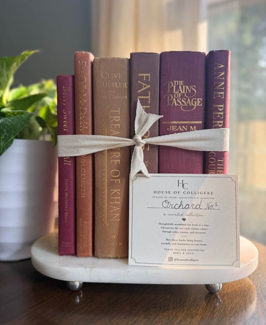 Curated collection of dusty rose, plum, warm brown, taupe, and muted berry-toned books with soft vintage character.