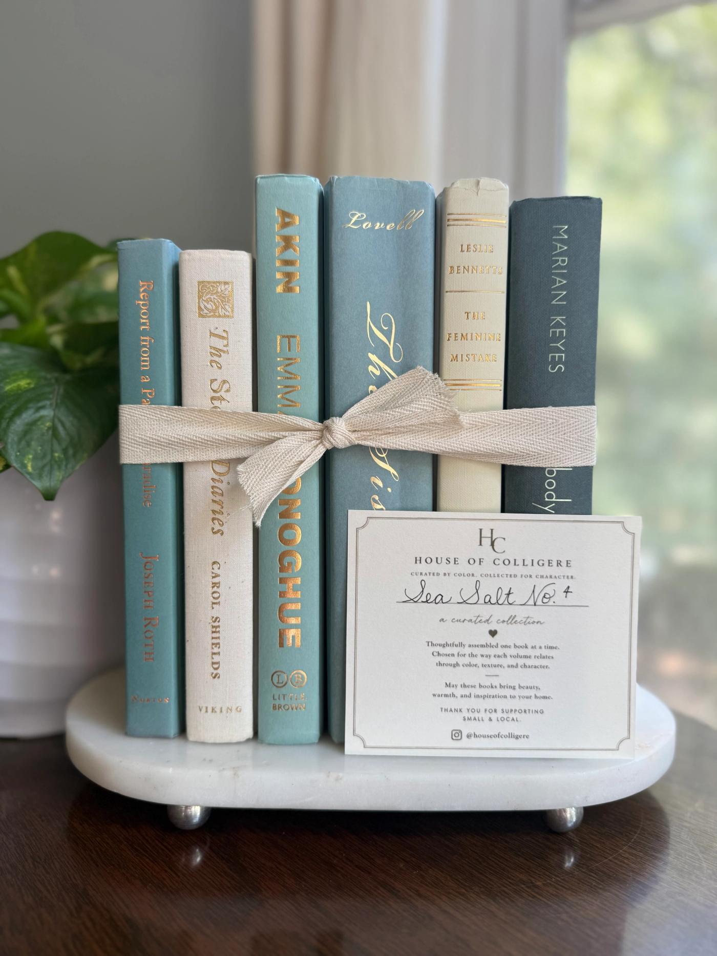 Curated collection of white, pale blue, sand, and soft coastal-neutral books with an airy, sun-faded look.
