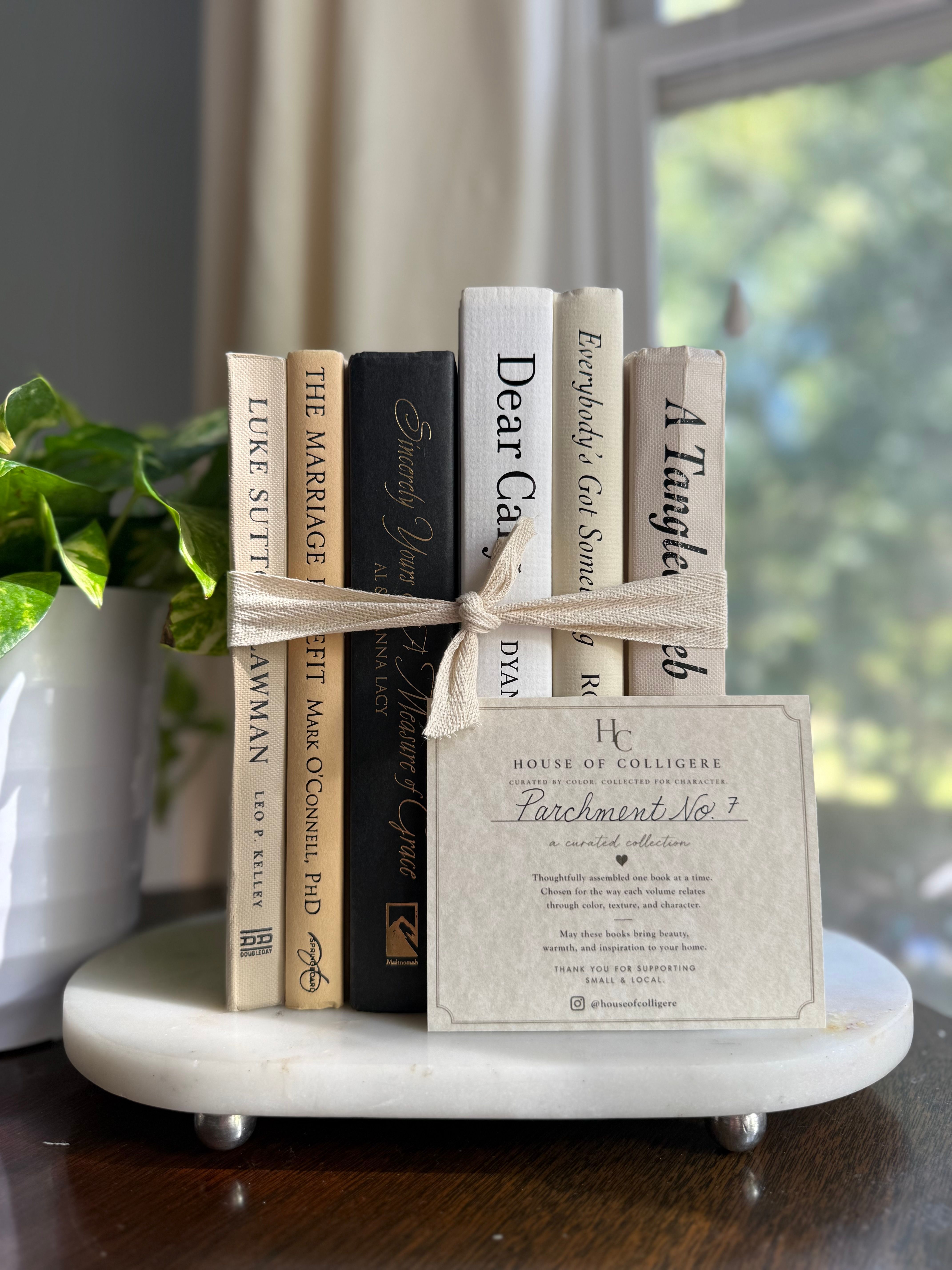 Curated collection of parchment, cream, warm beige, and black books with soft neutral contrast and classic detailing.