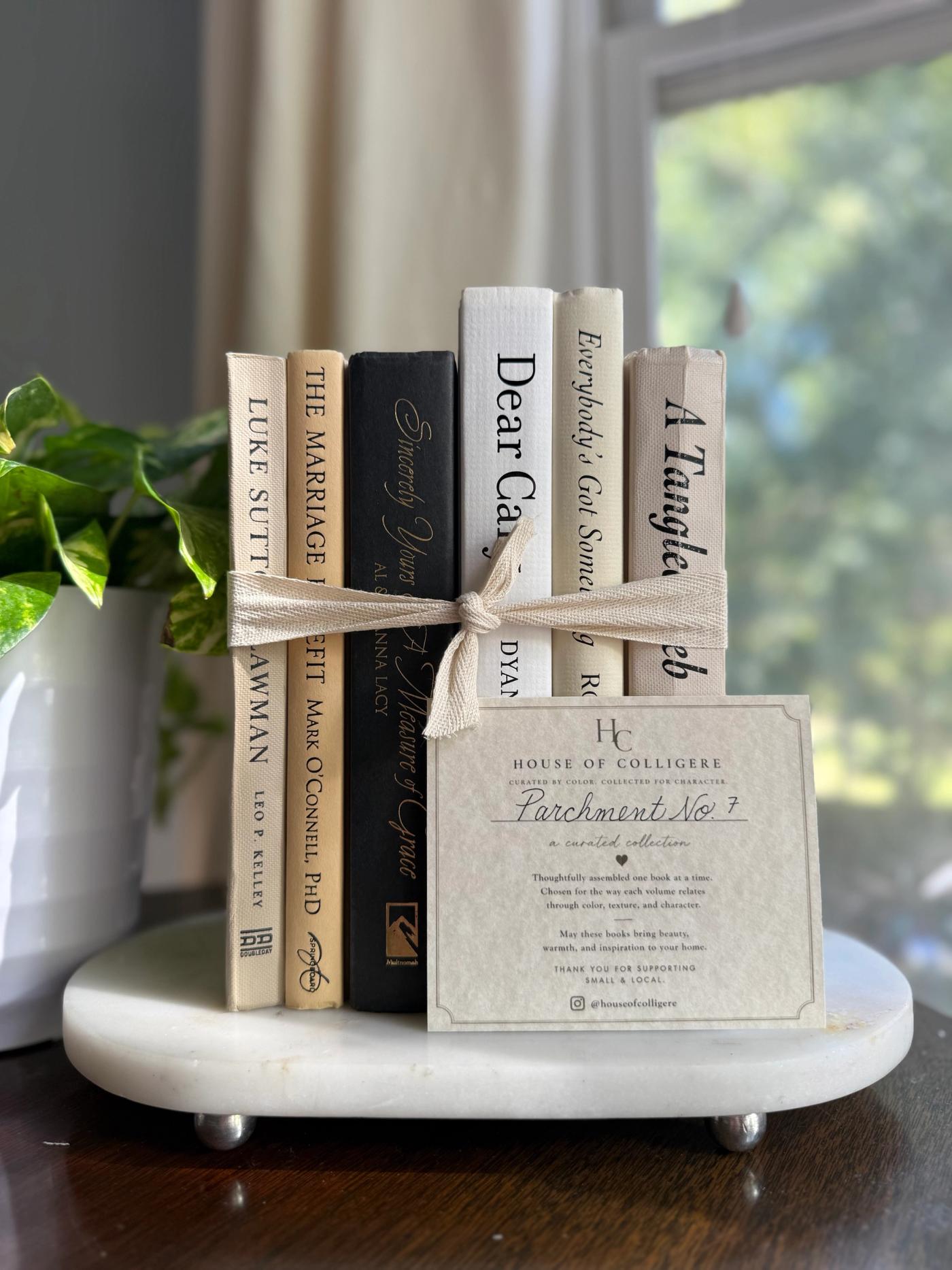 Curated collection of parchment, cream, warm beige, and black books with soft neutral contrast and classic detailing.
