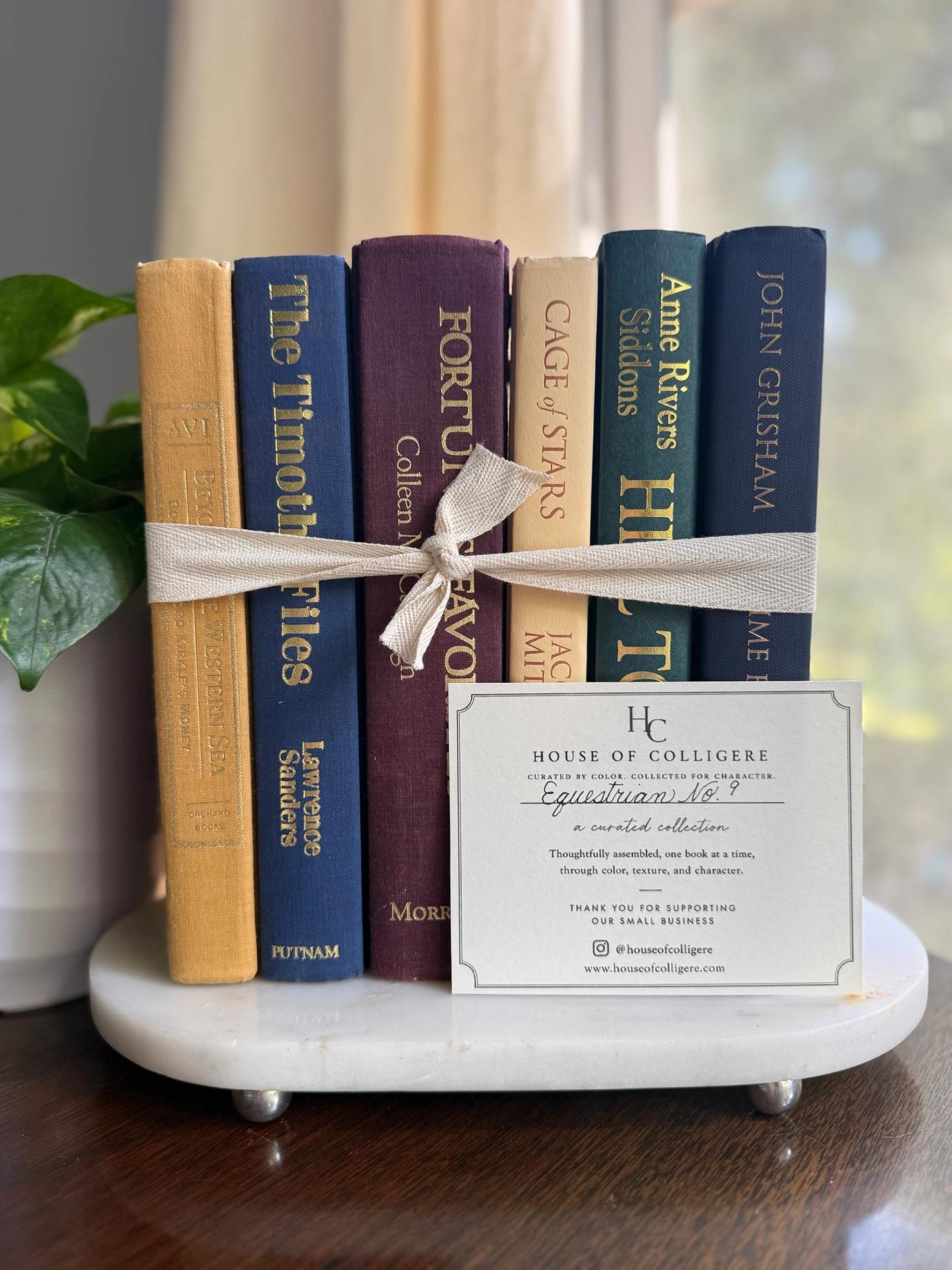 Curated collection of rich brown, hunter green, deep navy, and warm ivory books with classic gold accents.