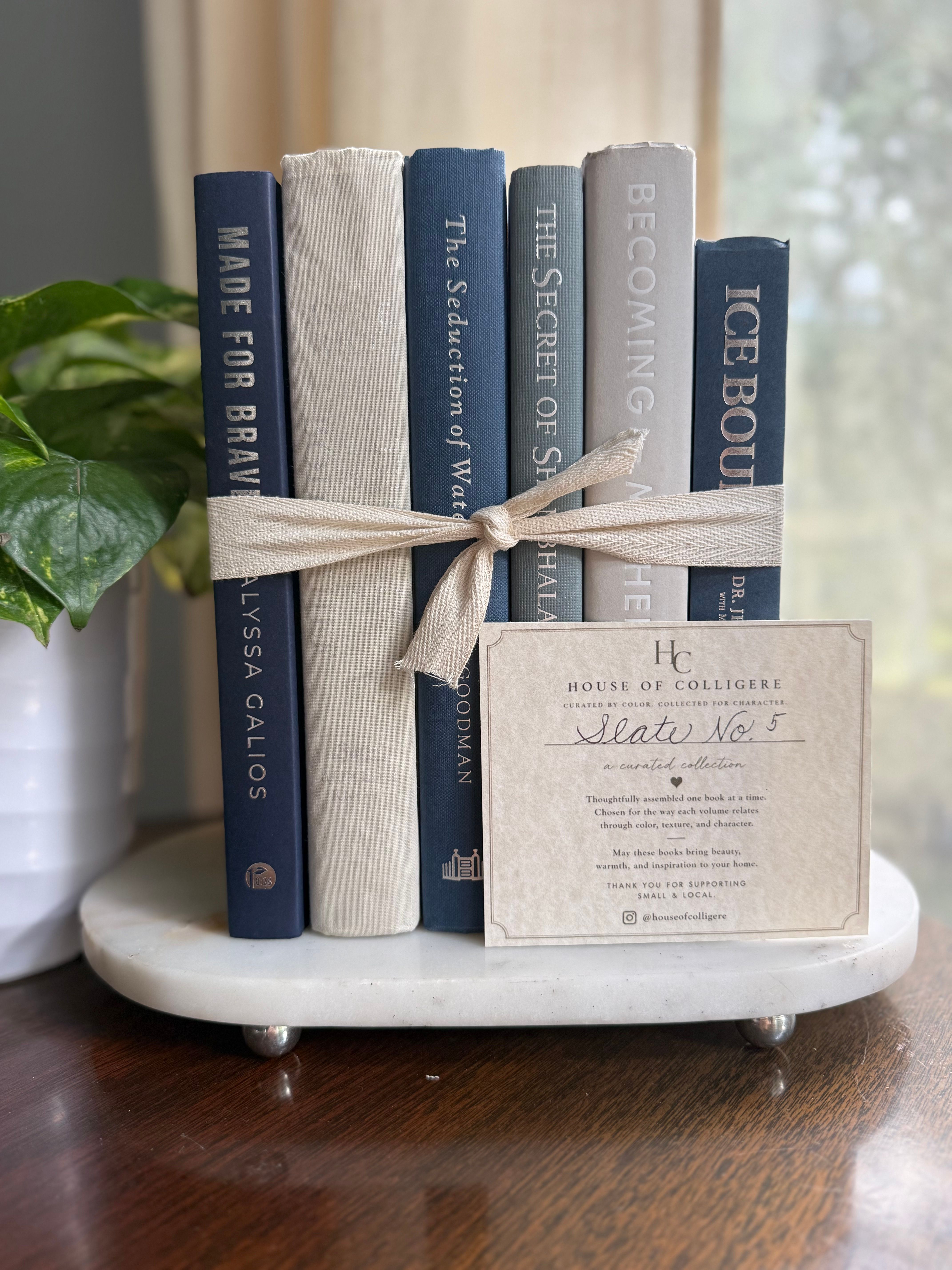 Curated collection of muted blue-gray, slate, charcoal, and softly weathered neutral books.