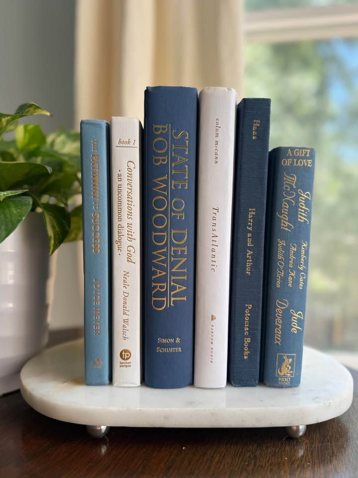 Curated collection of layered blue books ranging from pale coastal blue to deeper ocean tones.