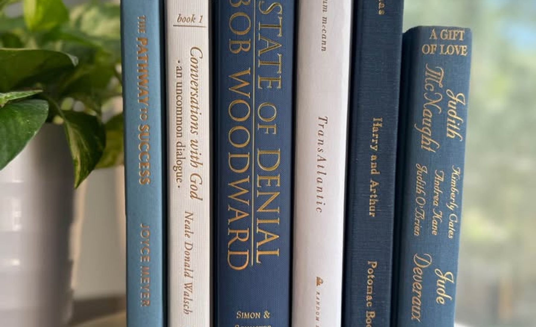 Curated collection of layered blue books ranging from pale coastal blue to deeper ocean tones.