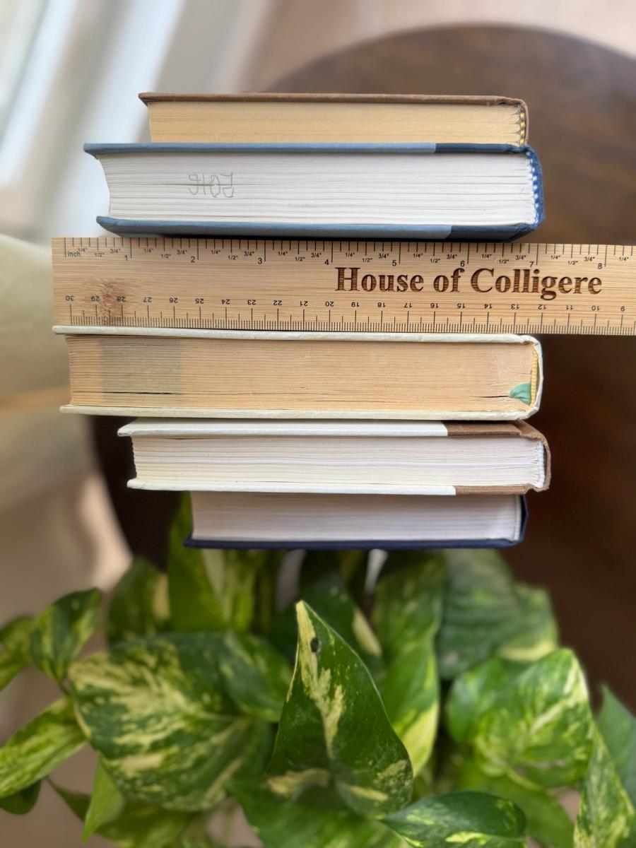 Curated collection of weathered blue, oyster, sand, linen, and driftwood-toned books with soft coastal character.