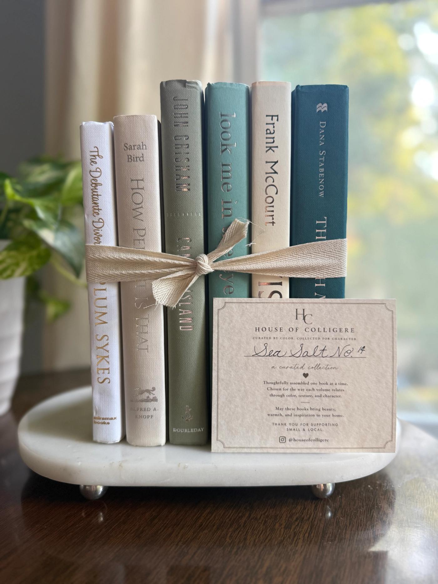 Curated collection of white, pale blue, sand, and soft coastal-neutral books with an airy, sun-faded look.