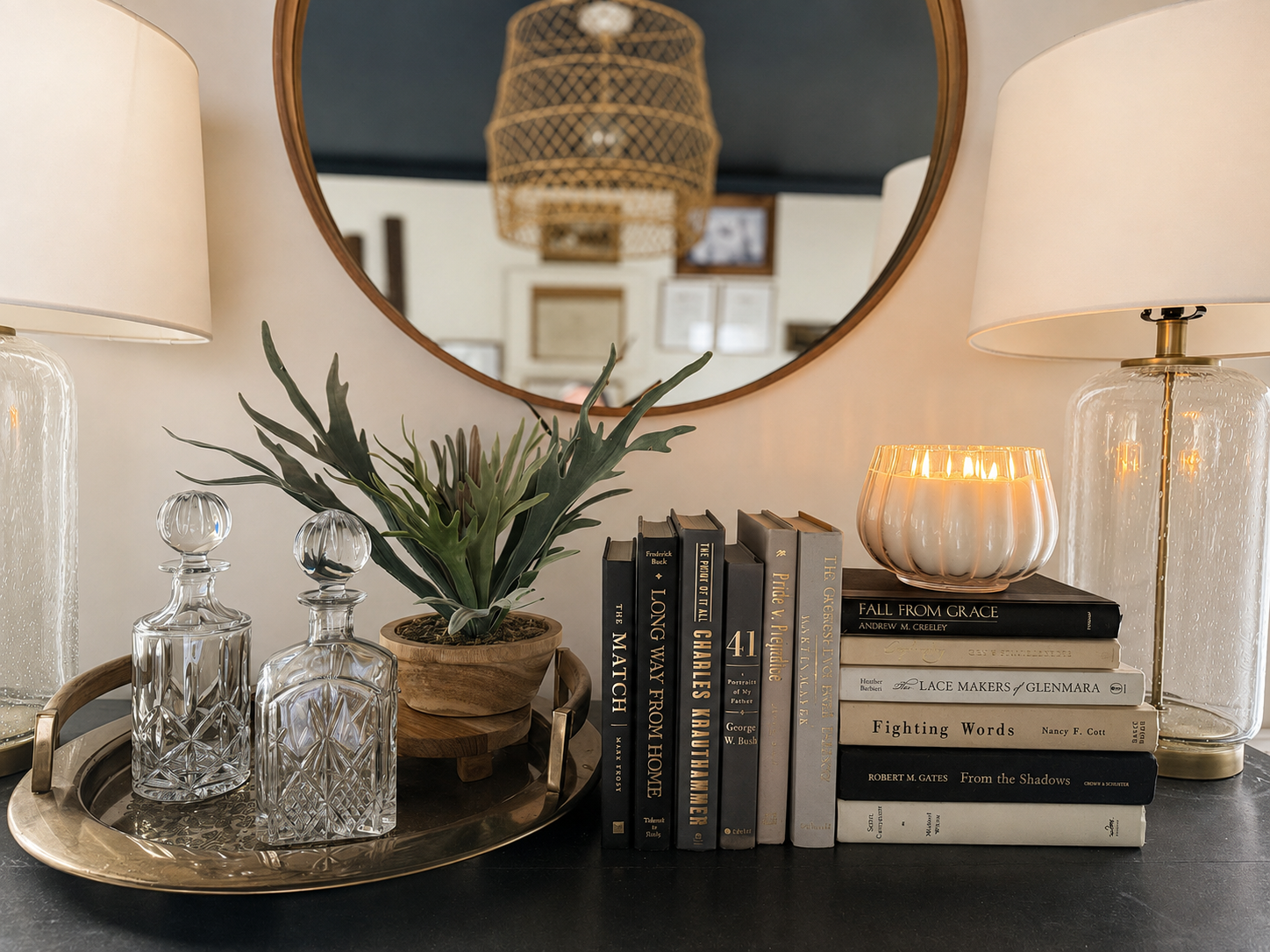 Curated collection of warm brown, olive, tan, and aged neutral books with a traditional library palette.