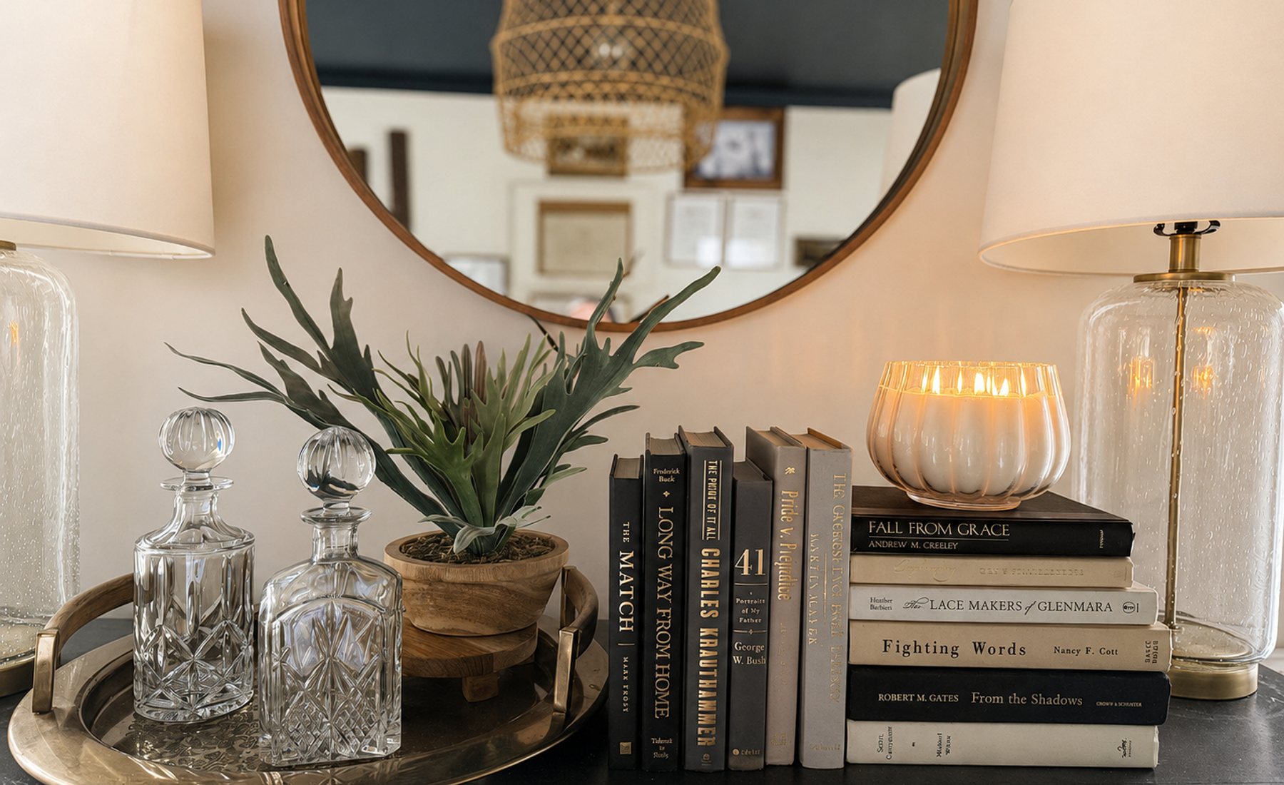 Curated collection of warm brown, olive, tan, and aged neutral books with a traditional library palette.