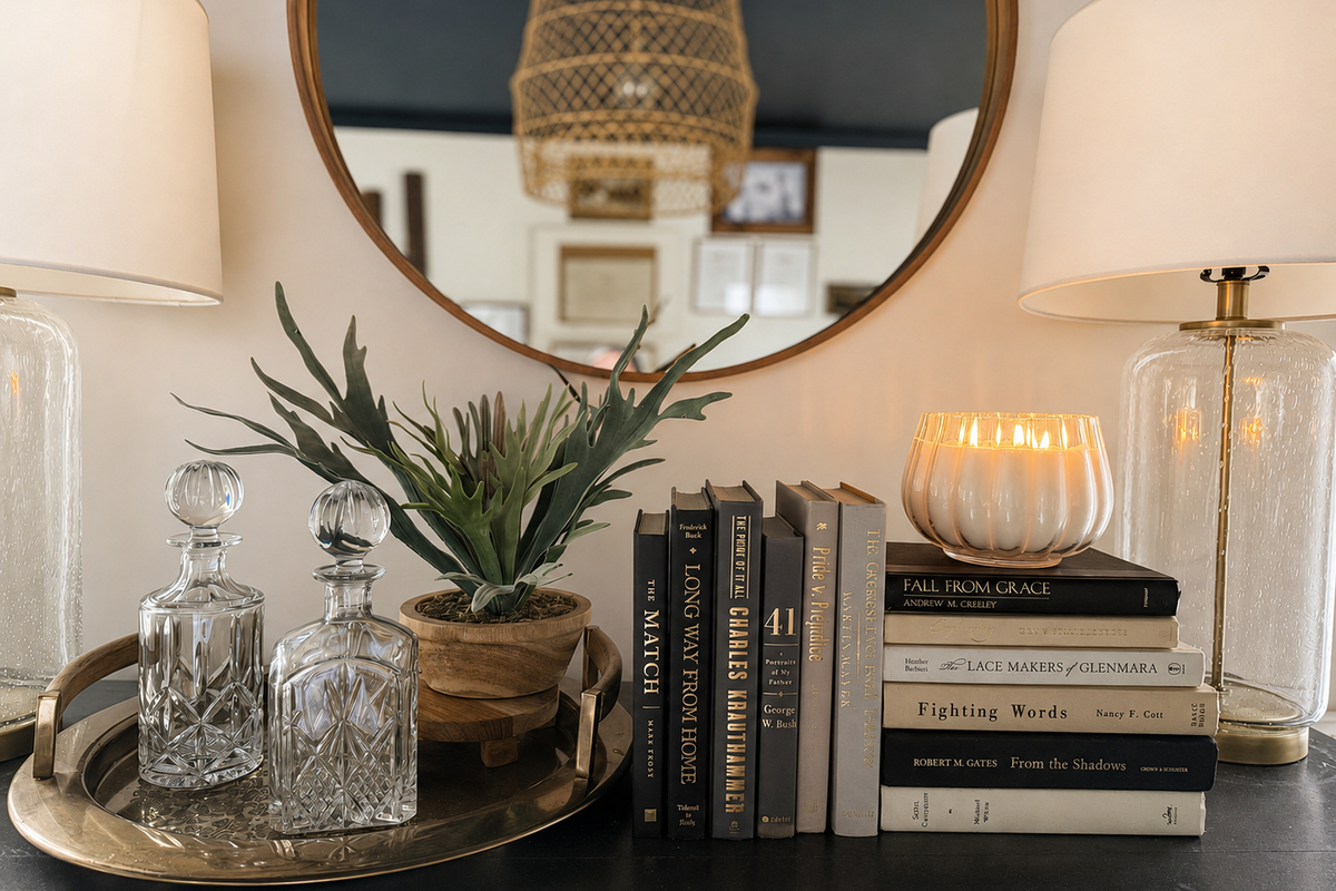 Curated collection of warm brown, olive, tan, and aged neutral books with a traditional library palette.