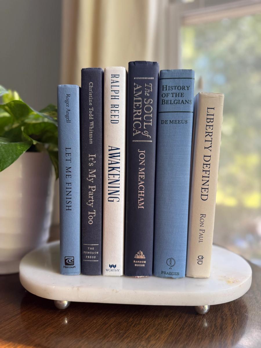 Curated collection of layered blue books ranging from pale coastal blue to deeper ocean tones.
