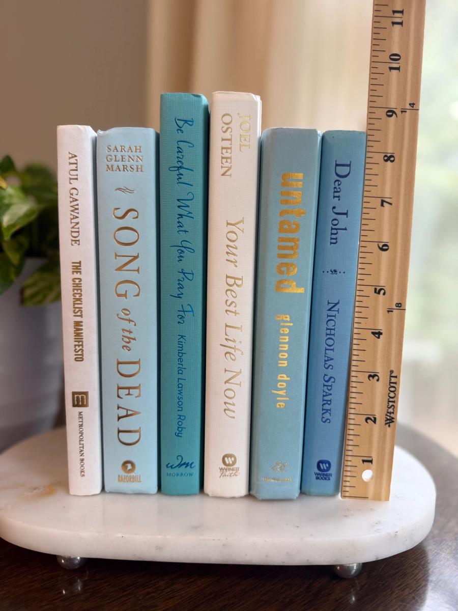 Curated collection of soft blue, aqua, seafoam, and muted coastal-toned books.