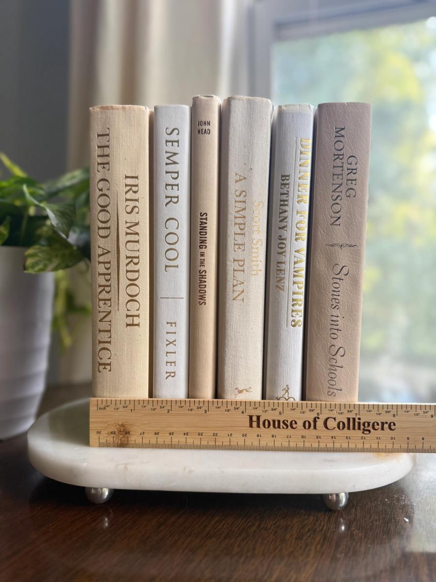 Curated collection of white, ivory, and cream hardcover books with soft neutral tones on a coffee table beside a plant 