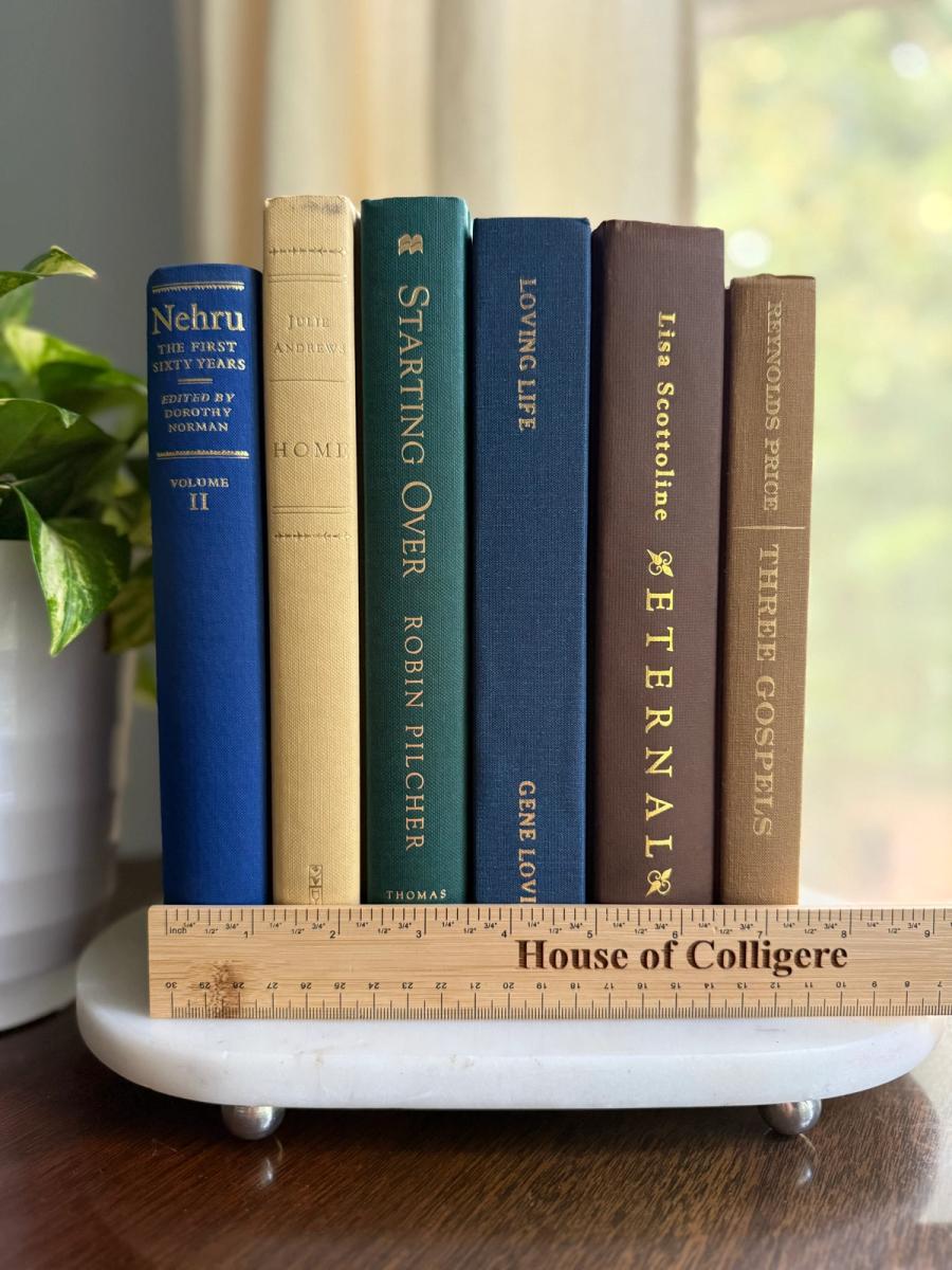 Curated collection of rich brown, hunter green, deep navy, and warm ivory books with classic gold accents.