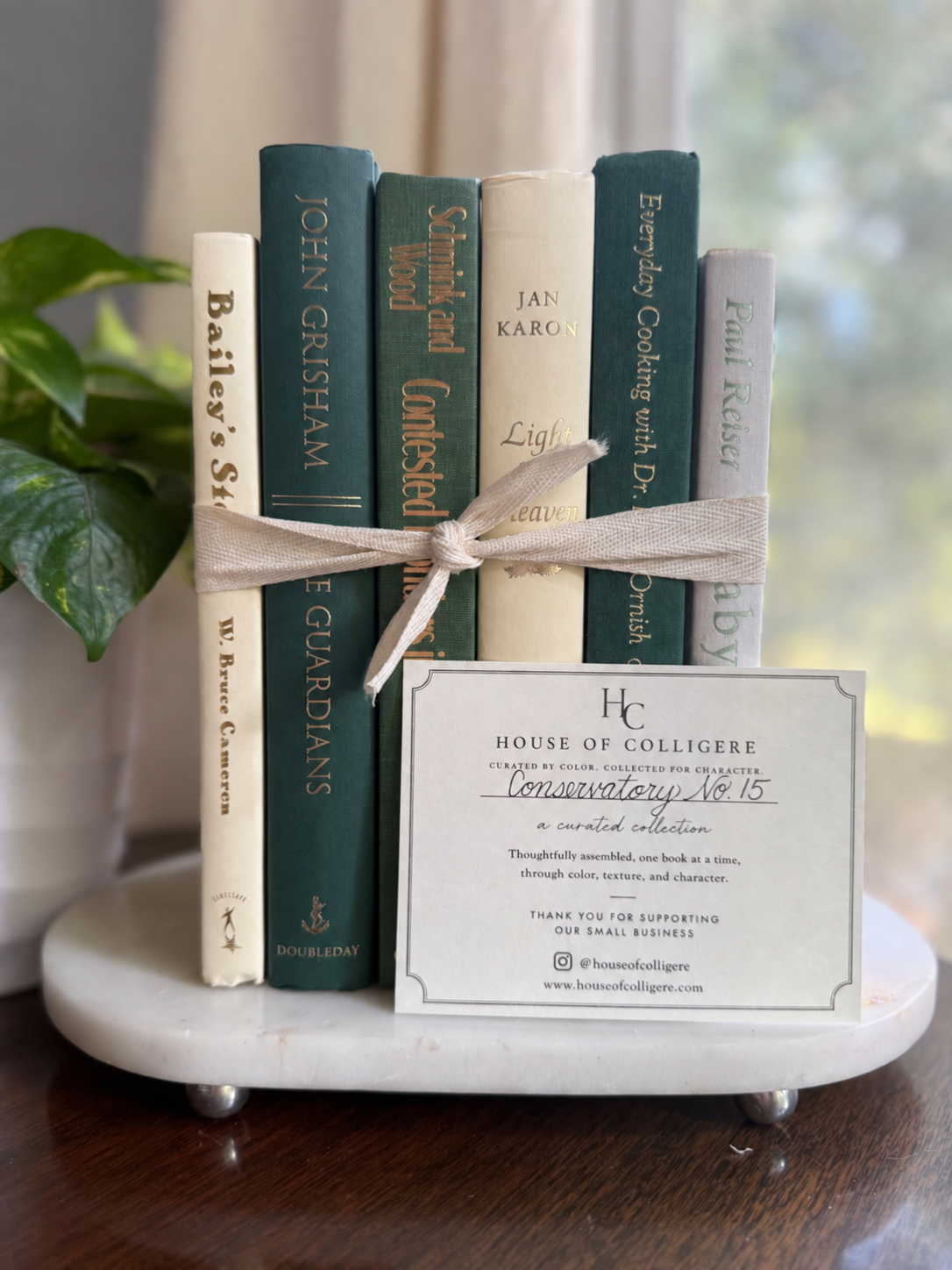 Curated collection of soft sage, olive, cream, and muted green books with botanical tones.