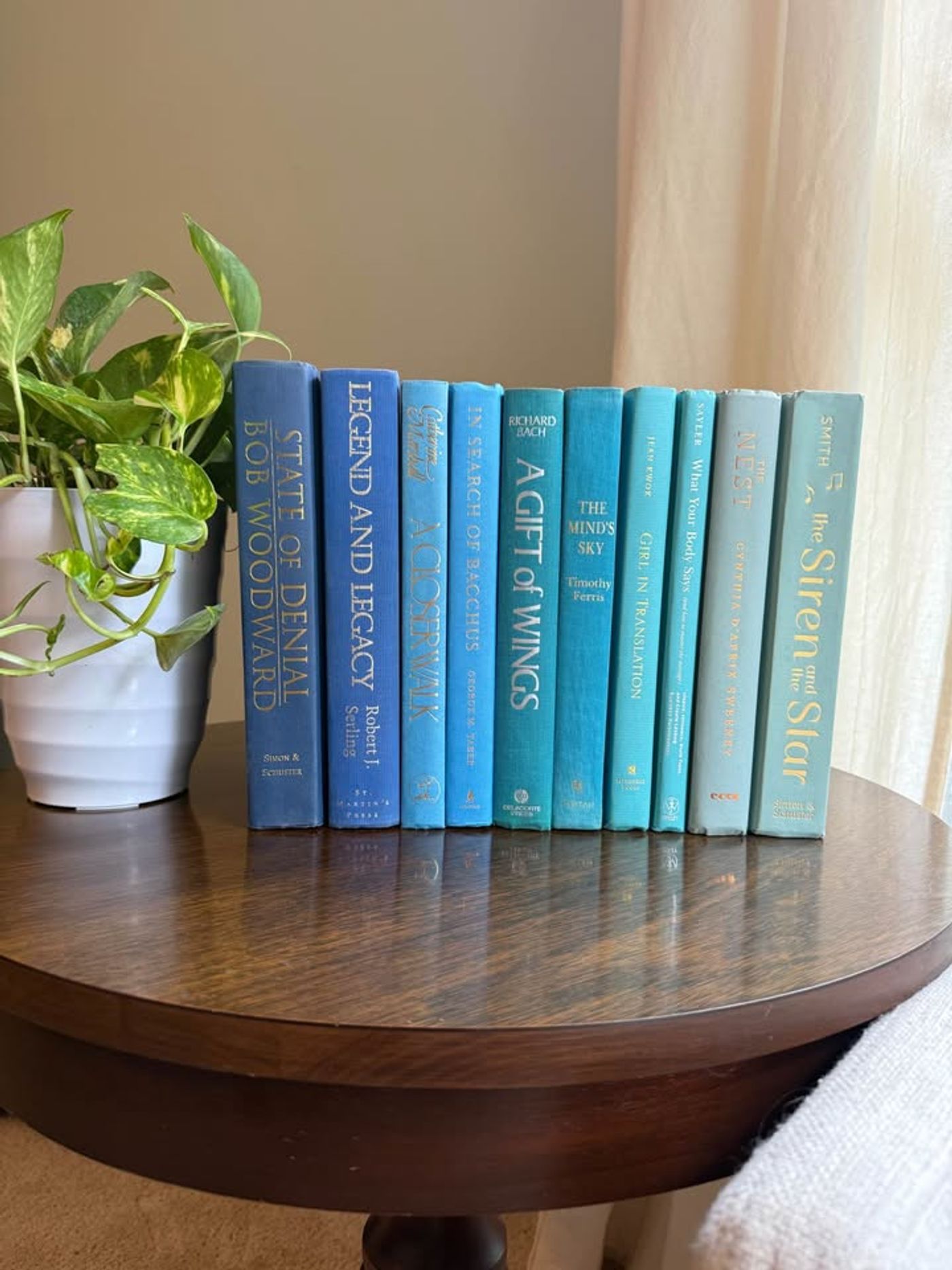 Curated collection of soft blue, aqua, seafoam, and muted coastal-toned books.