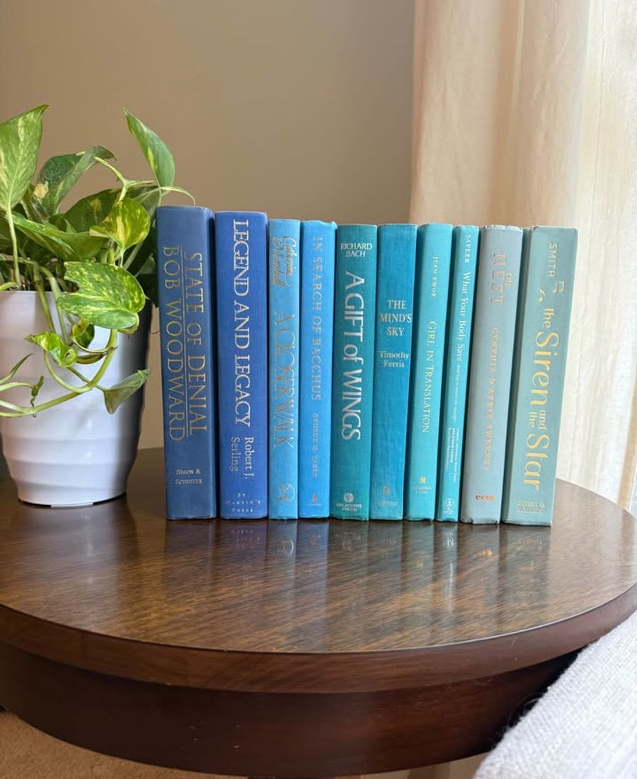 Curated collection of soft blue, aqua, seafoam, and muted coastal-toned books.