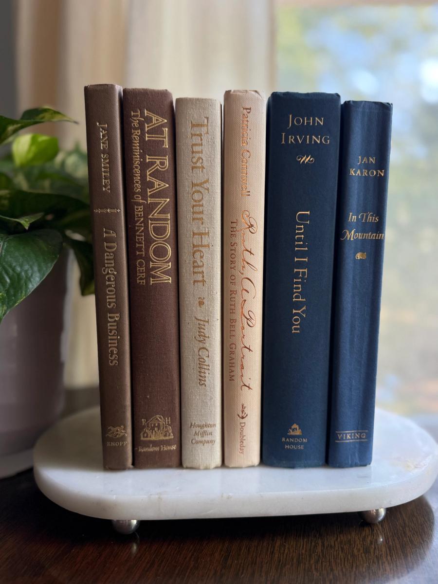 Curated collection of weathered blue, oyster, sand, linen, and driftwood-toned books with soft coastal character.