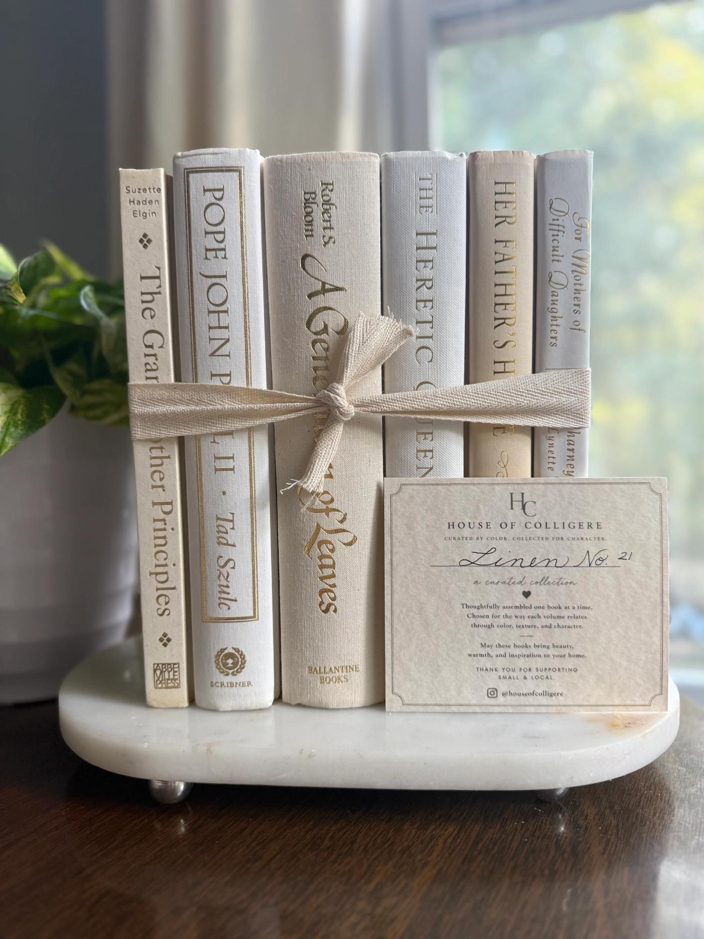 Curated collection of white, ivory, and cream hardcover books with soft neutral tones on a coffee table beside a plant