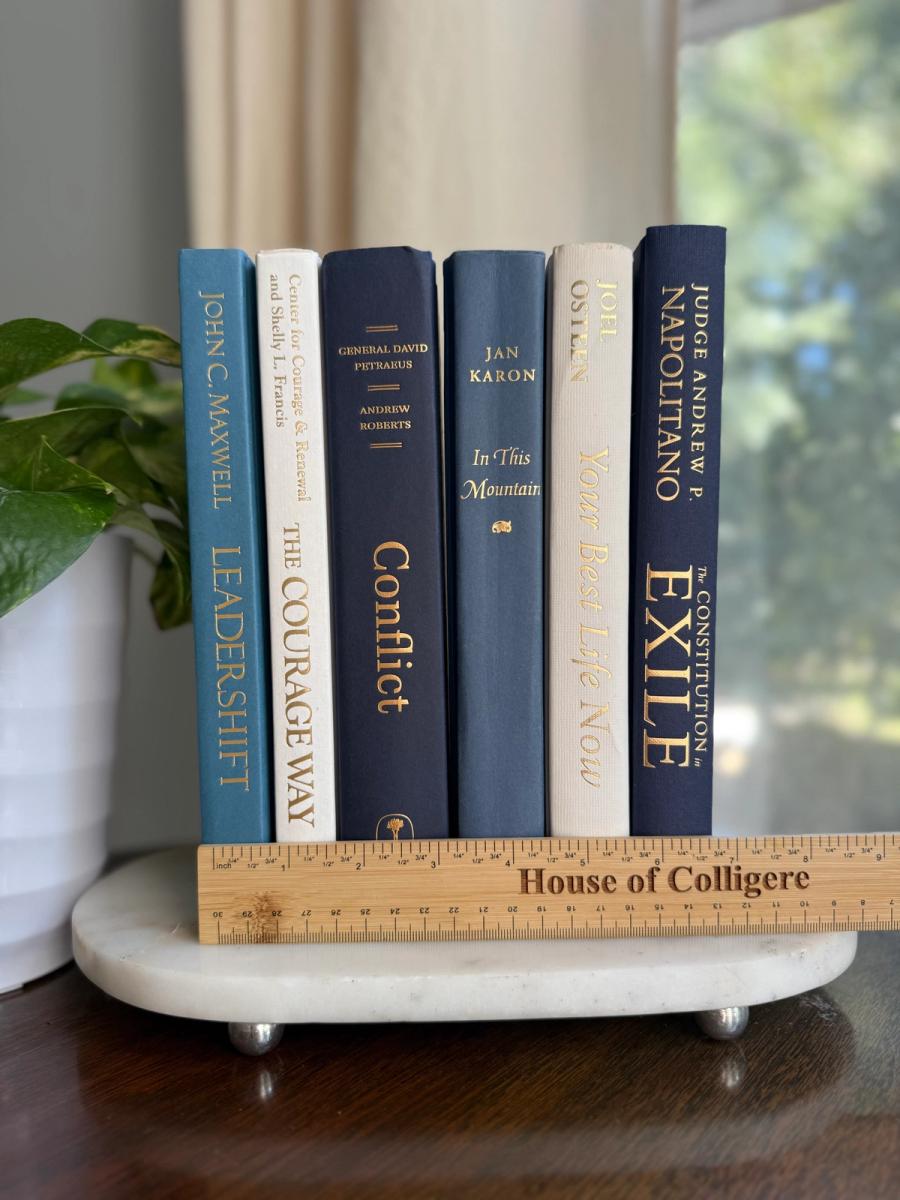 Curated collection of layered blue books ranging from pale coastal blue to deeper ocean tones.