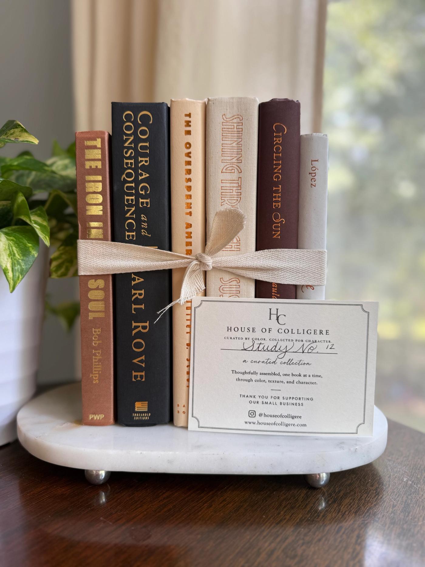 Curated collection of warm brown, olive, tan, and aged neutral books with a traditional library palette.