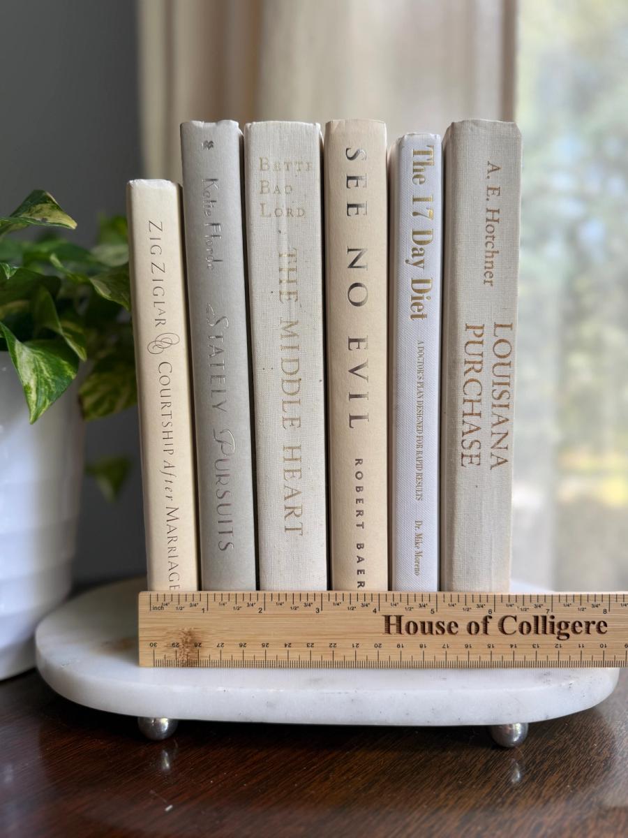 Curated collection of crisp white, ivory, and warm cream books with soft neutral tones.