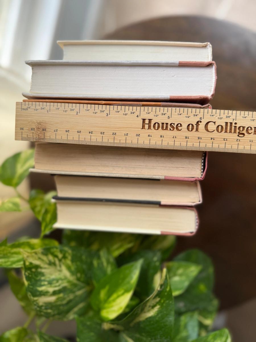 Curated collection of blush, dusty rose, warm taupe, and softly muted neutral books.