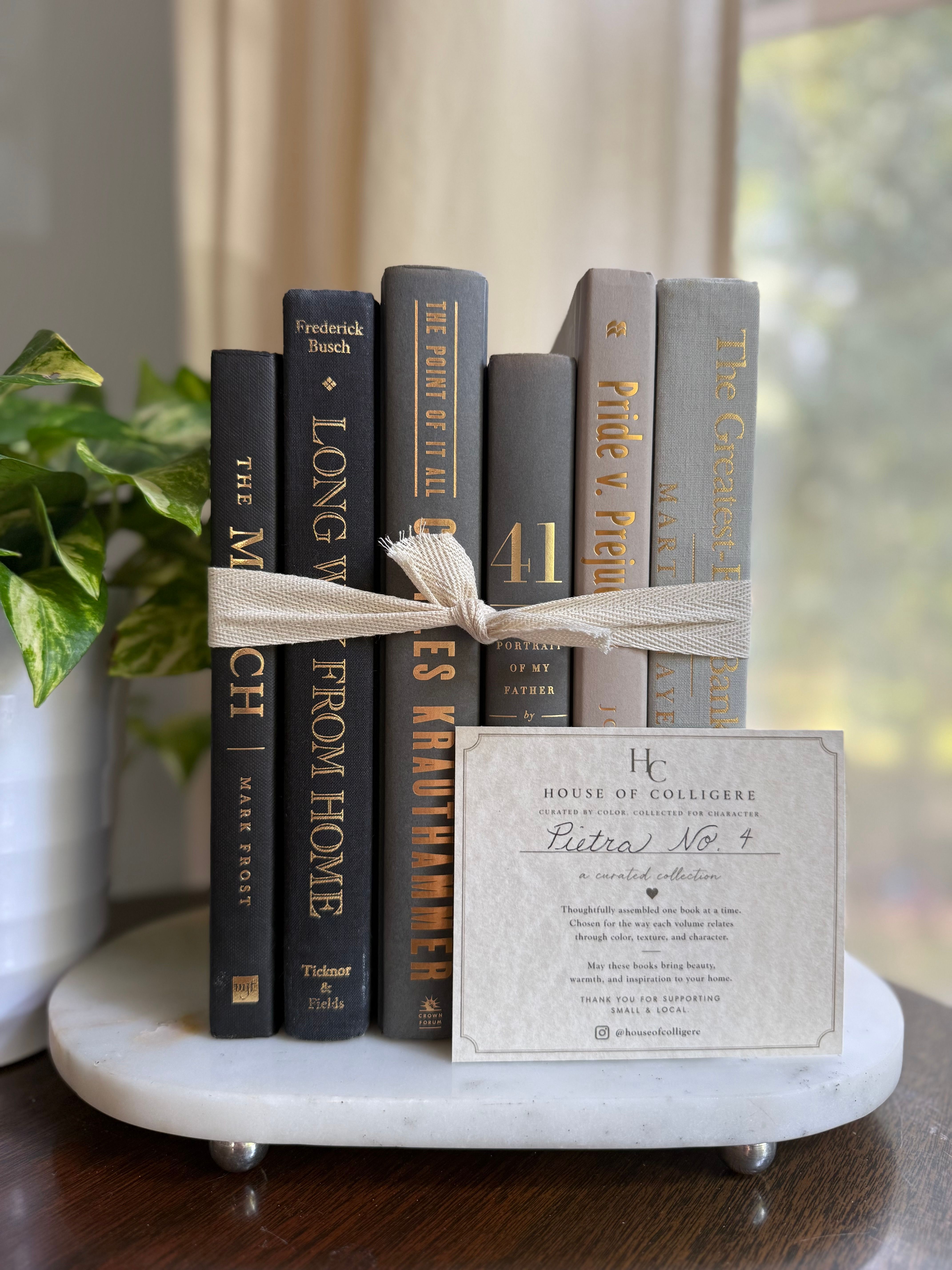 Six hardcover books in black, charcoal, taupe, and warm gray cloth bindings with gold spine lettering, tied with a natural linen ribbon and styled on a white marble tray beside a green plant.