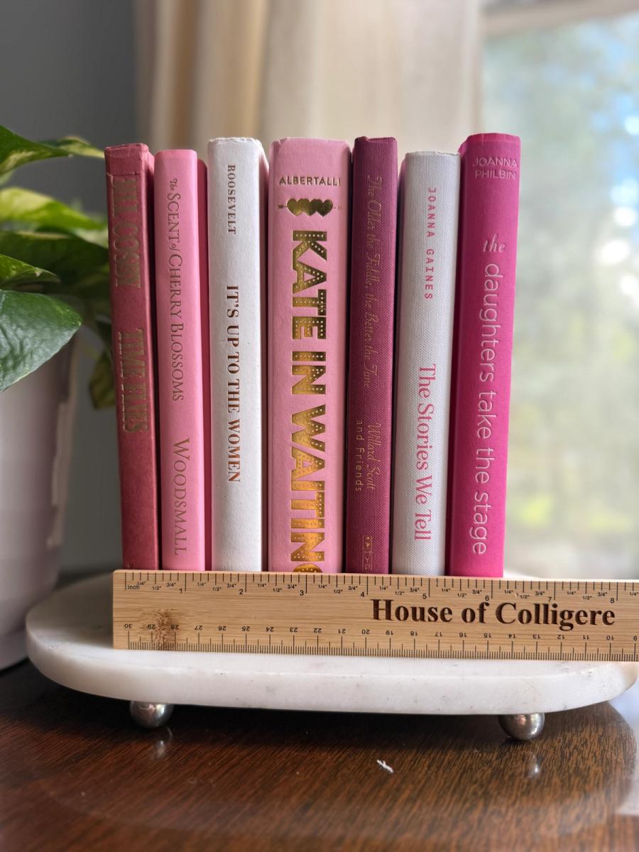Curated collection of blush, dusty rose, warm taupe, and softly muted neutral books.