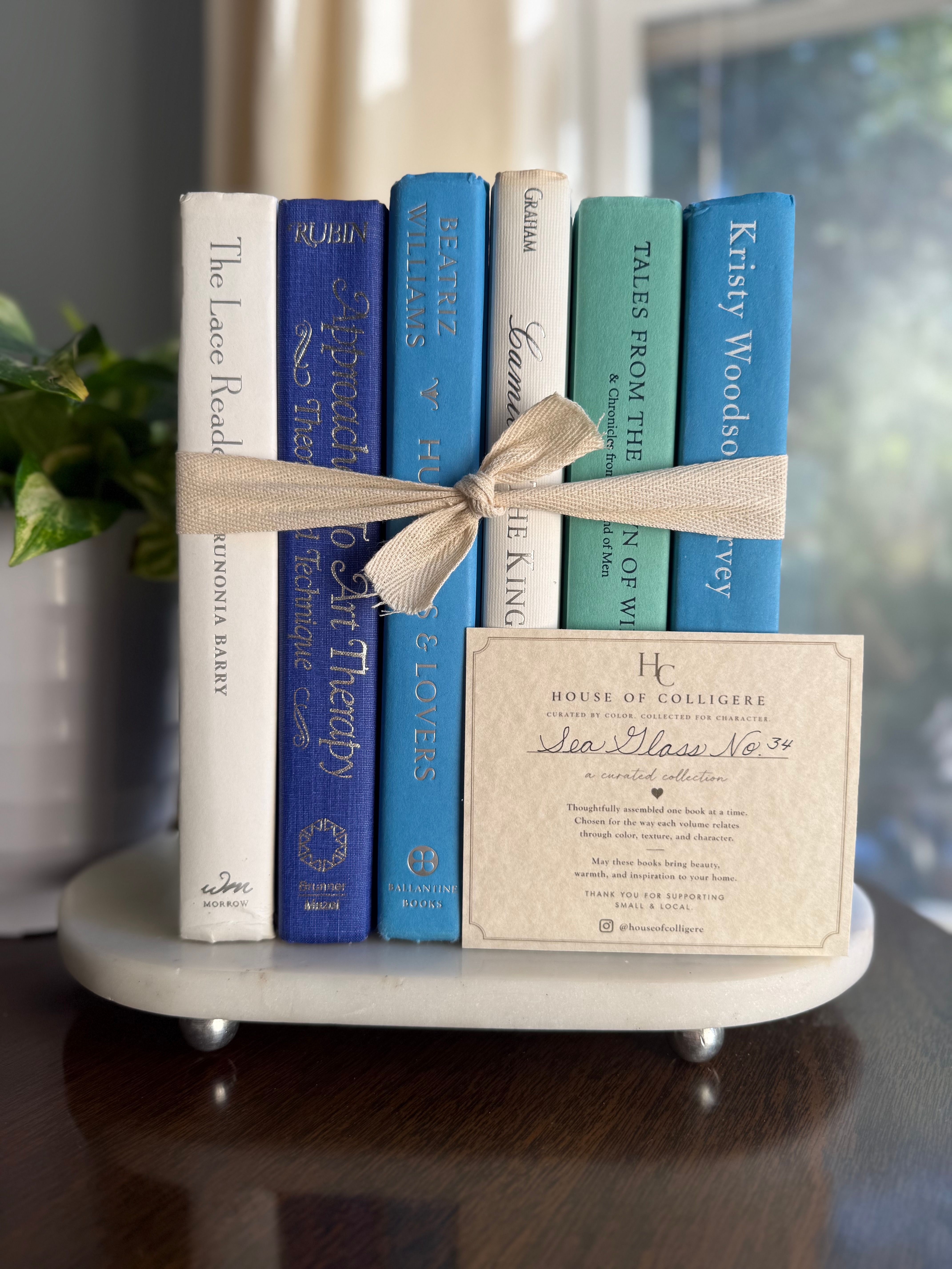 Curated collection of soft blue, aqua, seafoam, and muted coastal-toned books.