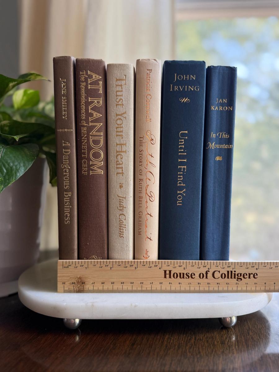 Curated collection of weathered blue, oyster, sand, linen, and driftwood-toned books with soft coastal character.
