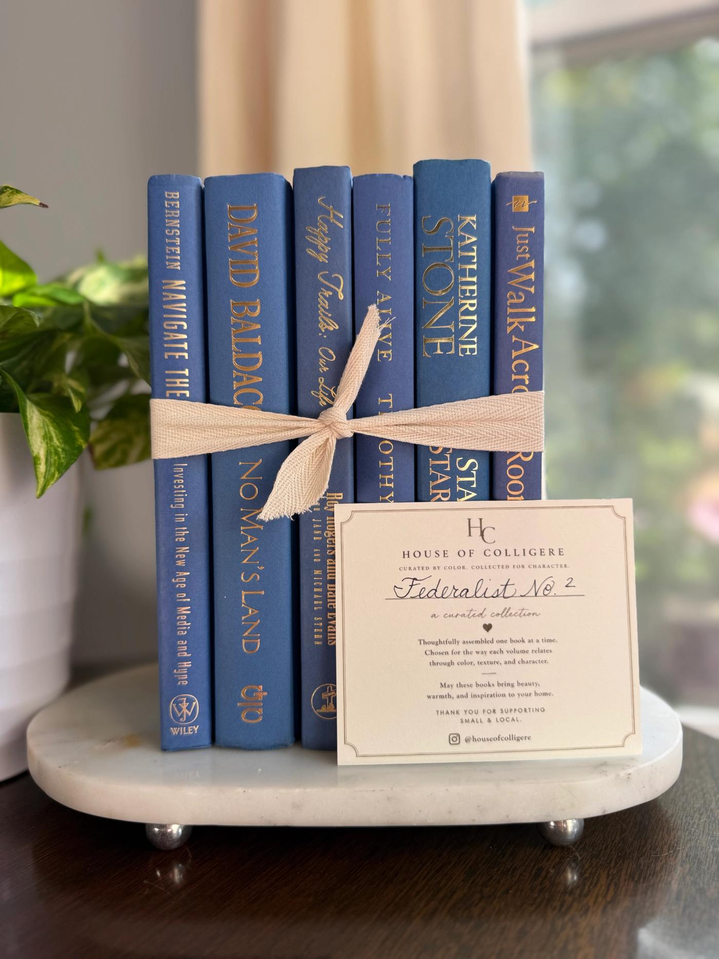 Curated collection of deep navy, warm ivory, brown, and gold-accented books with classic traditional character.