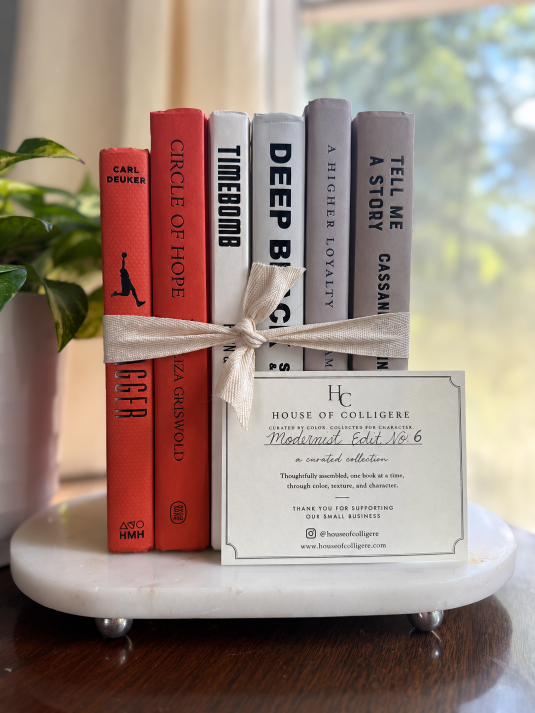 Six curated hardcover books in coral, ivory, soft gray, and muted lavender tones, tied with natural linen ribbon and displayed with a House of Colligere Modernist Edit No. 6 card