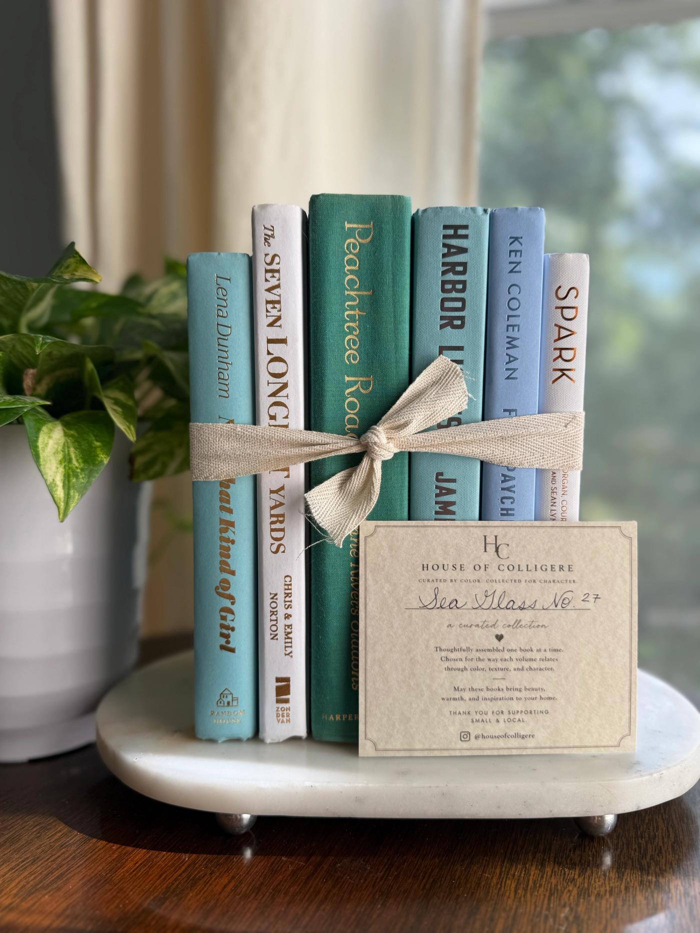 Curated collection of soft blue, aqua, seafoam, and muted coastal-toned books.