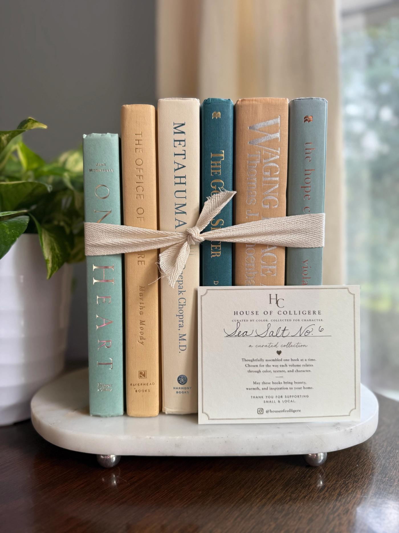 Curated collection of white, pale blue, sand, and soft coastal-neutral books with an airy, sun-faded look.
