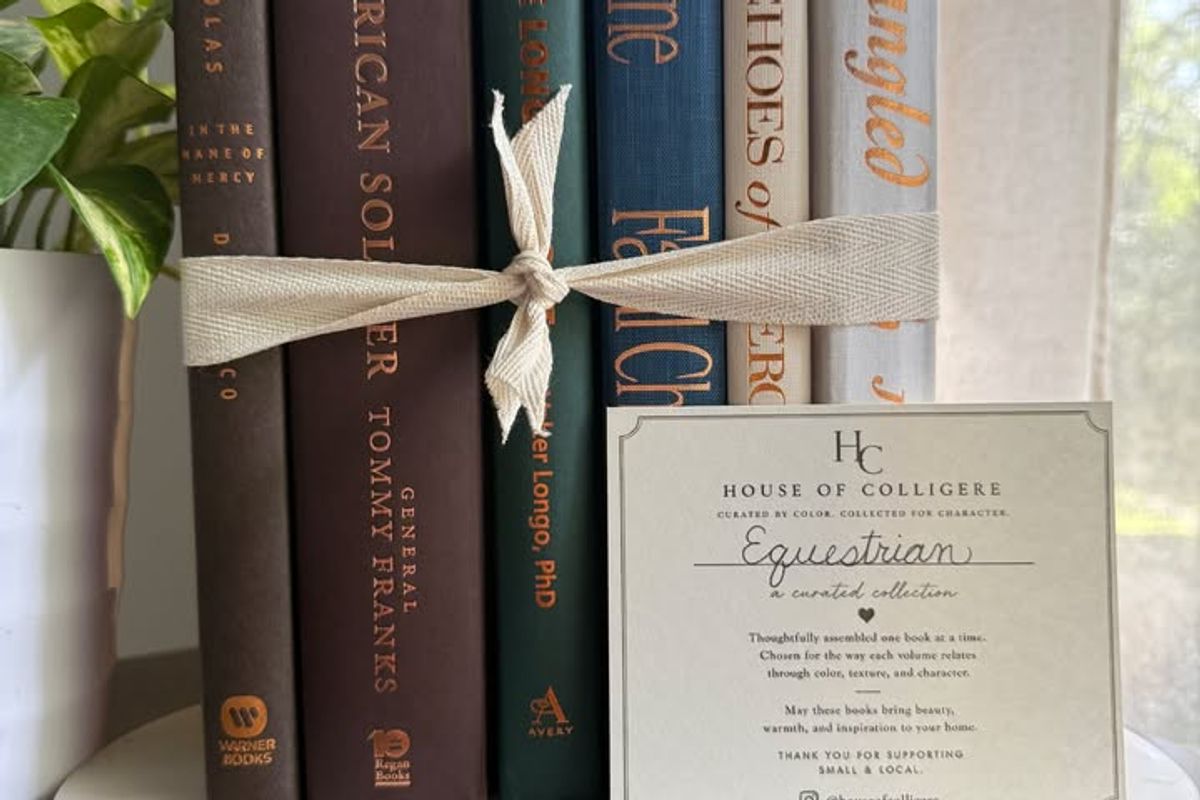 Curated collection of rich brown, hunter green, deep navy, and warm ivory books with classic gold accents.