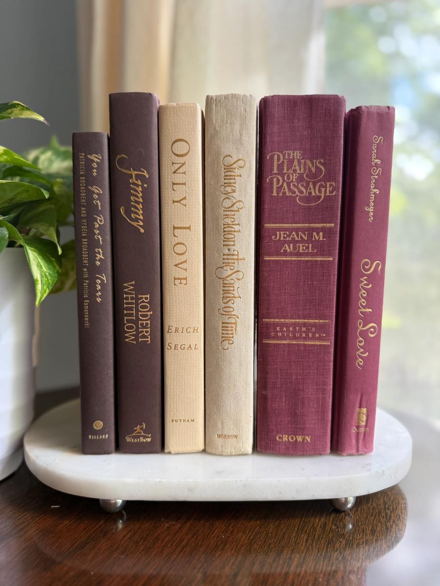 Curated collection of blush, dusty rose, warm taupe, and softly muted neutral books.