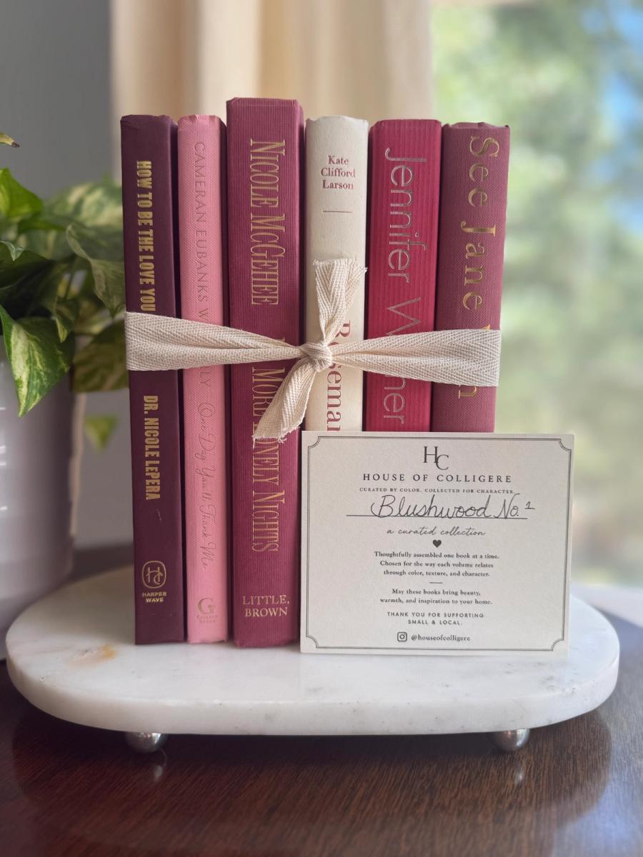 Curated collection of blush, dusty rose, warm taupe, and softly muted neutral books.