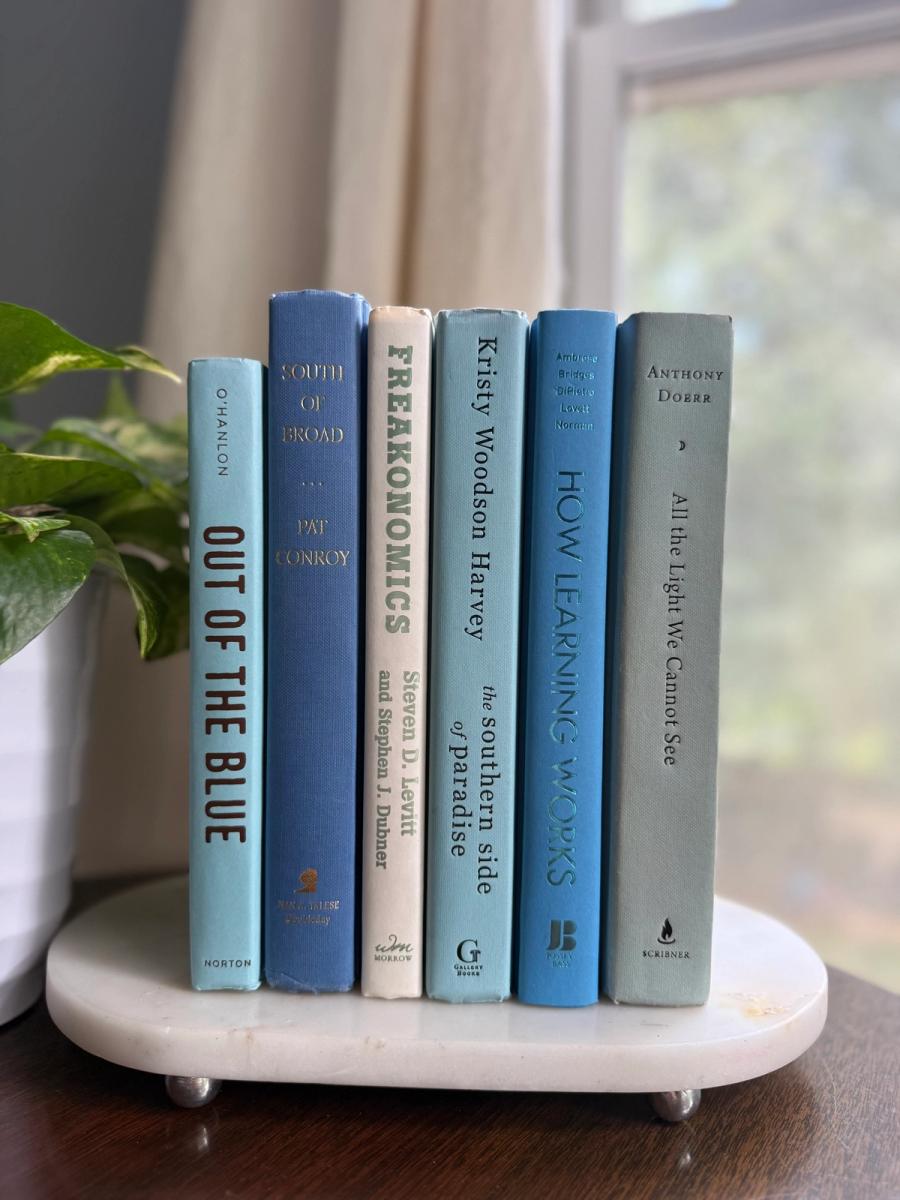 Curated collection of soft blue, aqua, seafoam, and muted coastal-toned books.