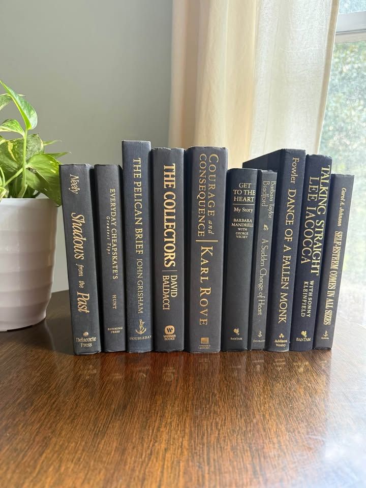 Curated collection of rich charcoal and black books with warm gold lettering and dramatic tonal depth.