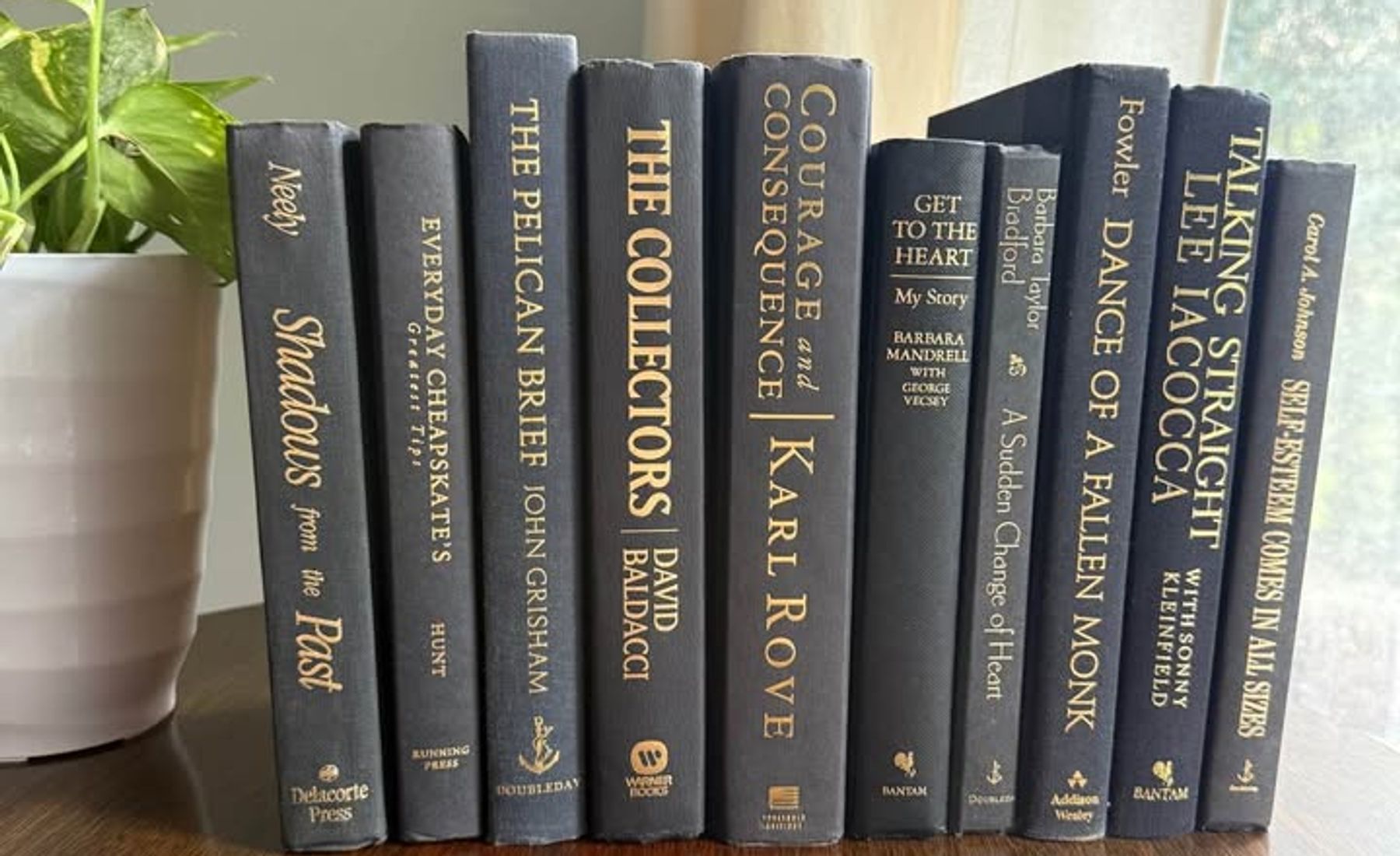 Curated collection of rich charcoal and black books with warm gold lettering and dramatic tonal depth.