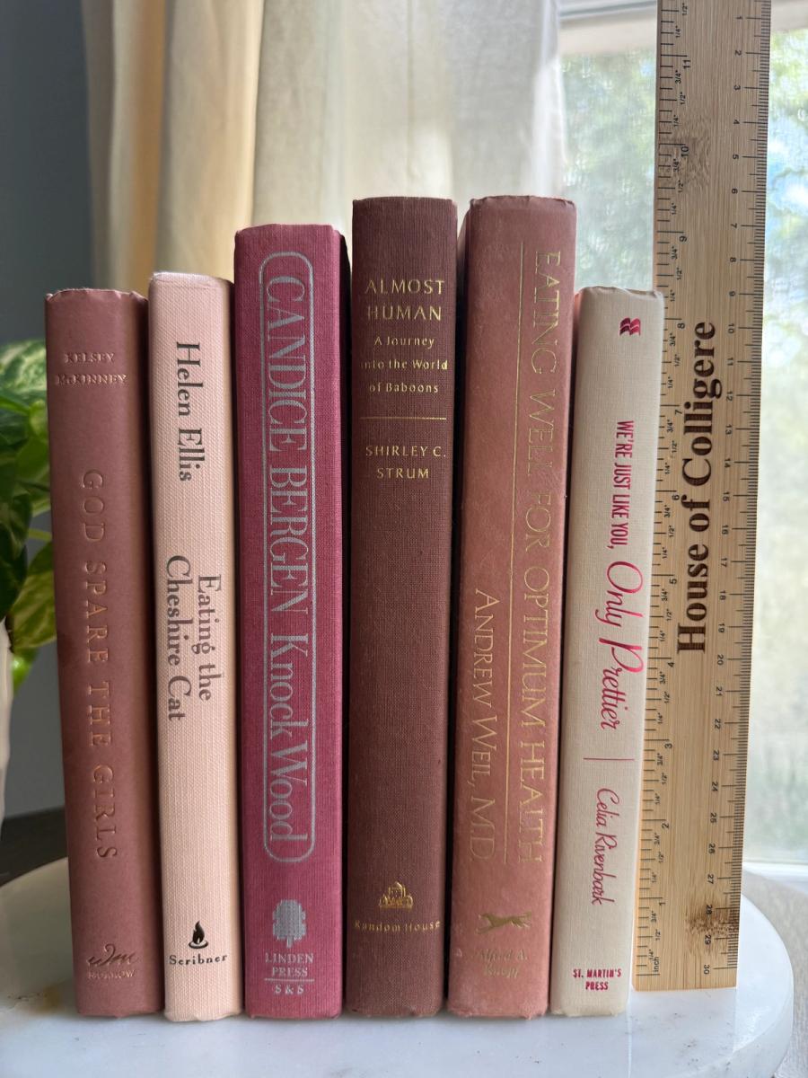 Curated collection of blush, dusty rose, warm taupe, and softly muted neutral books.