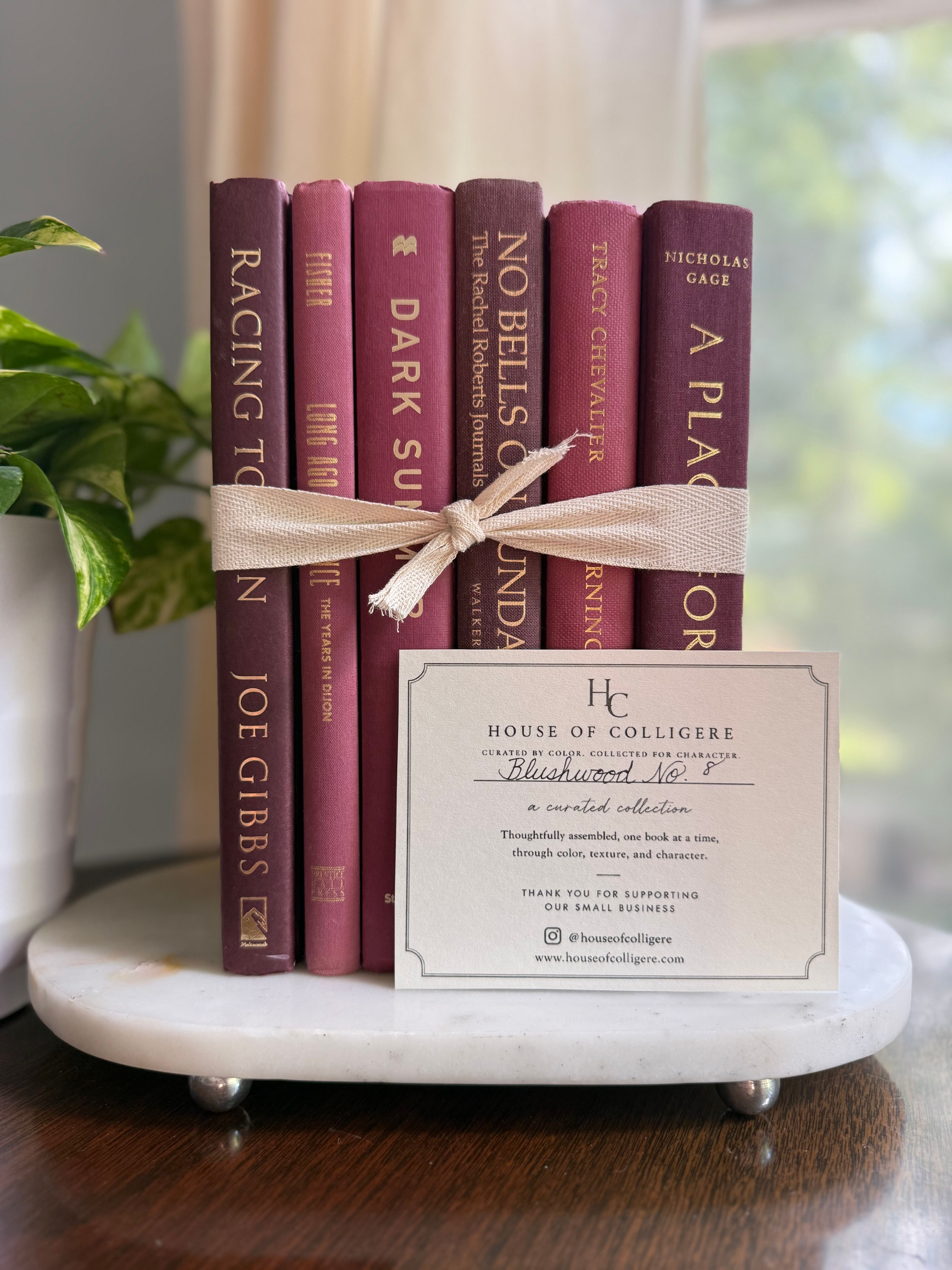 Curated collection of blush, dusty rose, warm taupe, and softly muted neutral books.
