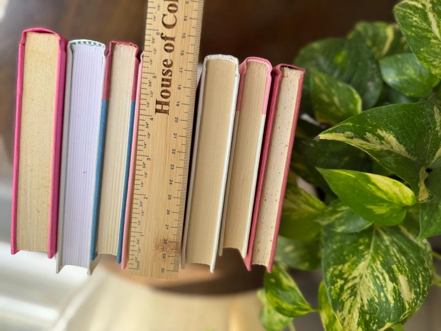 Curated collection of blush, dusty rose, warm taupe, and softly muted neutral books.