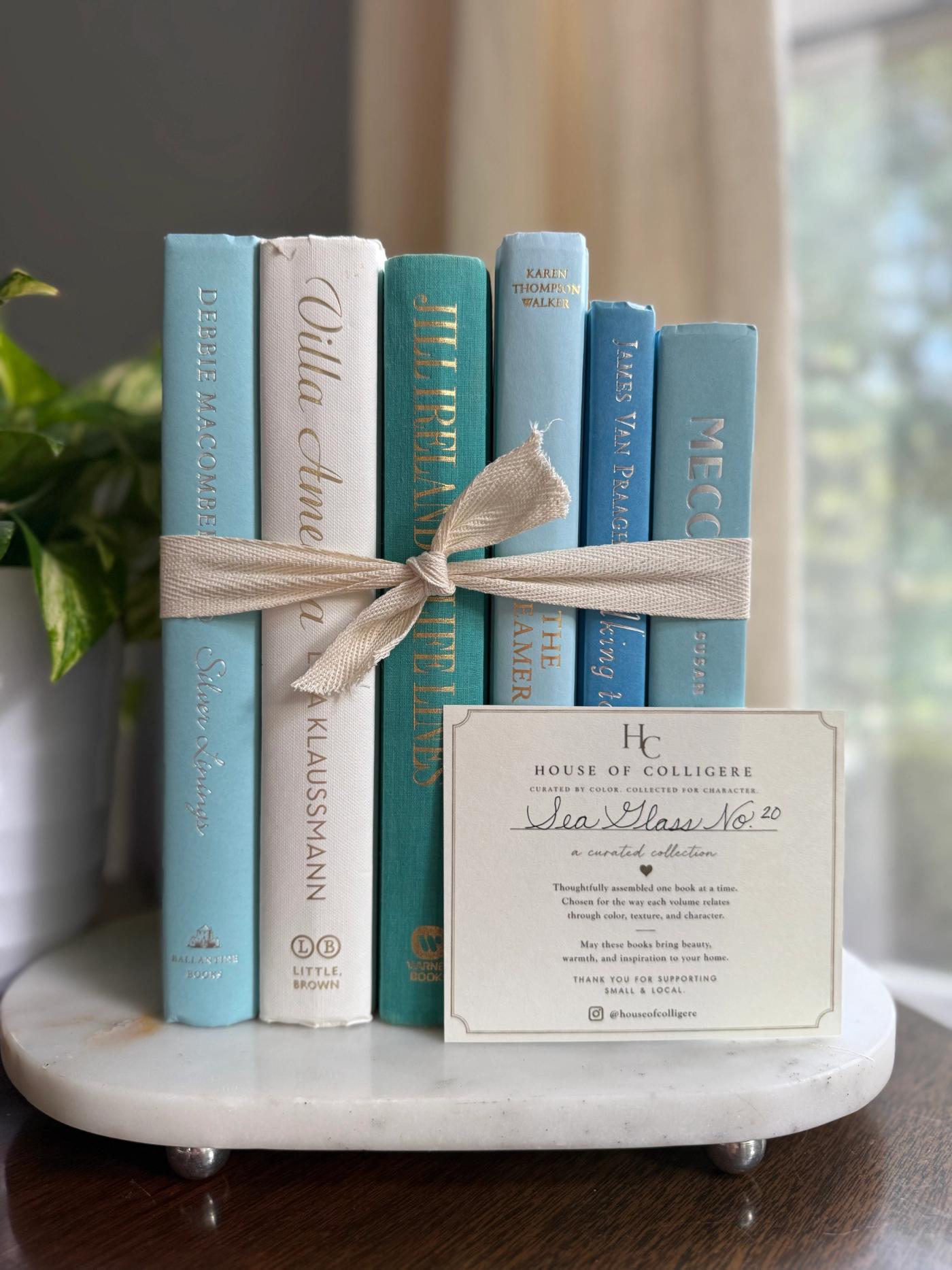 Curated collection of soft blue, aqua, seafoam, and muted coastal-toned books.
