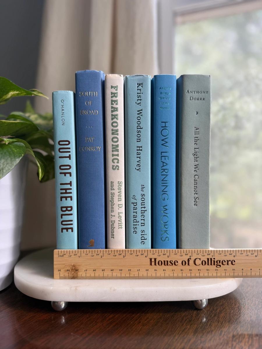 Curated collection of soft blue, aqua, seafoam, and muted coastal-toned books.