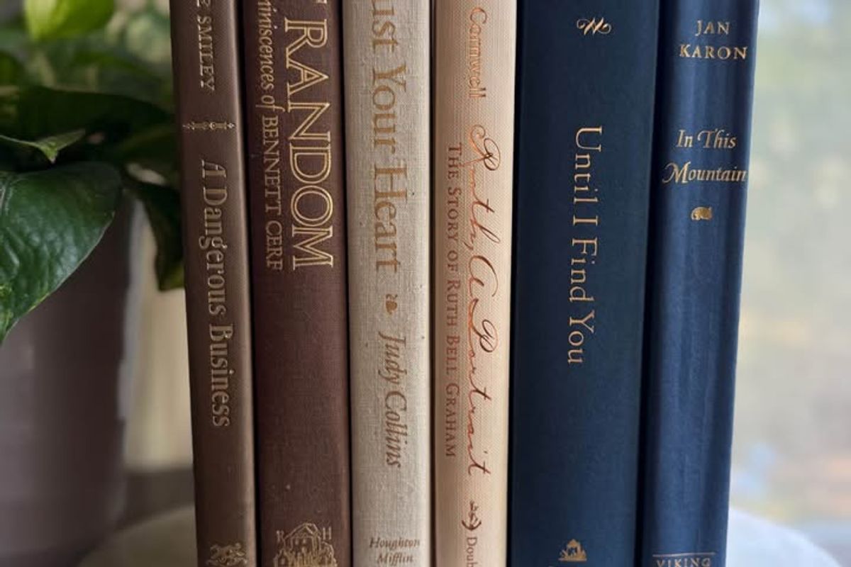 Curated collection of weathered blue, oyster, sand, linen, and driftwood-toned books with soft coastal character.